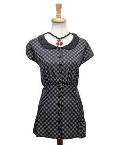 ChicStar Lace Collar Retro Top In Gray Check