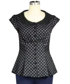 ChicStar Lace Collar Retro Top In Gray Check