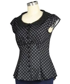 ChicStar Lace Collar Retro Top In Gray Check