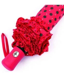 Soake Folding Umbrella In Red With Black Polka Dots. With Frills And Sparkles