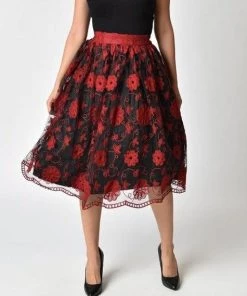 Women's Apparel Voodoo Vixen Rosalie Floral Swing Skirt In Red & Black
