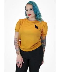 Women's Apparel Hemet Pinup Pullover Top In Mustard With Kitty