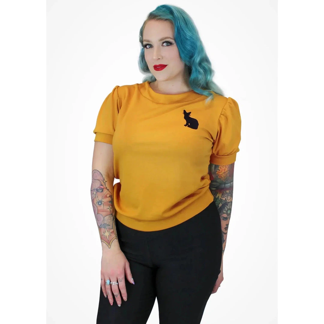 Women's Apparel Hemet Pinup Pullover Top In Mustard With Kitty 4 Women's Apparel Hemet Pinup Pullover Top In Mustard With Kitty