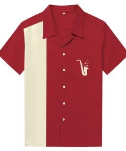 Glitz Glam And Rebellion Men's Bowling Shirt In Red With Saxophone Pocket