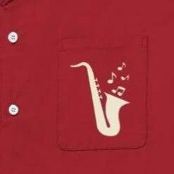 Glitz Glam And Rebellion Men's Bowling Shirt In Red With Saxophone Pocket