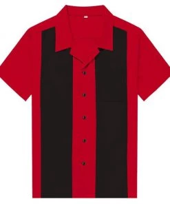 Glitz Glam And Rebellion Men's Apparel Men's Bowling Shirt In Red With Black Panels