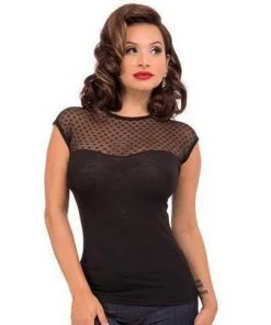 Glitz Glam And Rebellion Polka Dot Mesh Pinup Top In Black